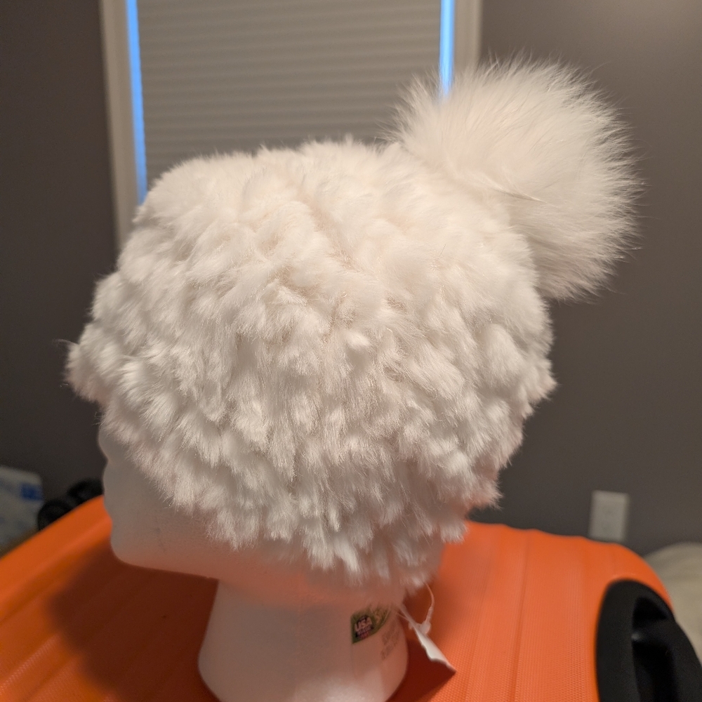 Cozy White Pom-Pom Hat, Rabbit Fur